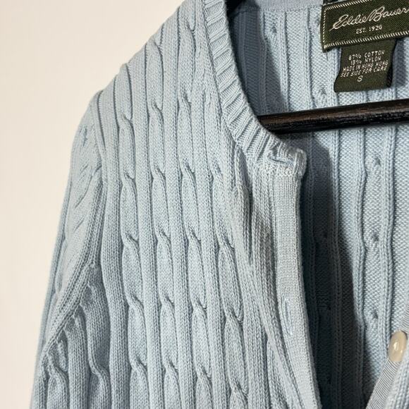 Eddie Bauer Icy Blue Cardigan Cable Knit Sweater Small Vintage Preppy Buttons - Picture 4 of 9